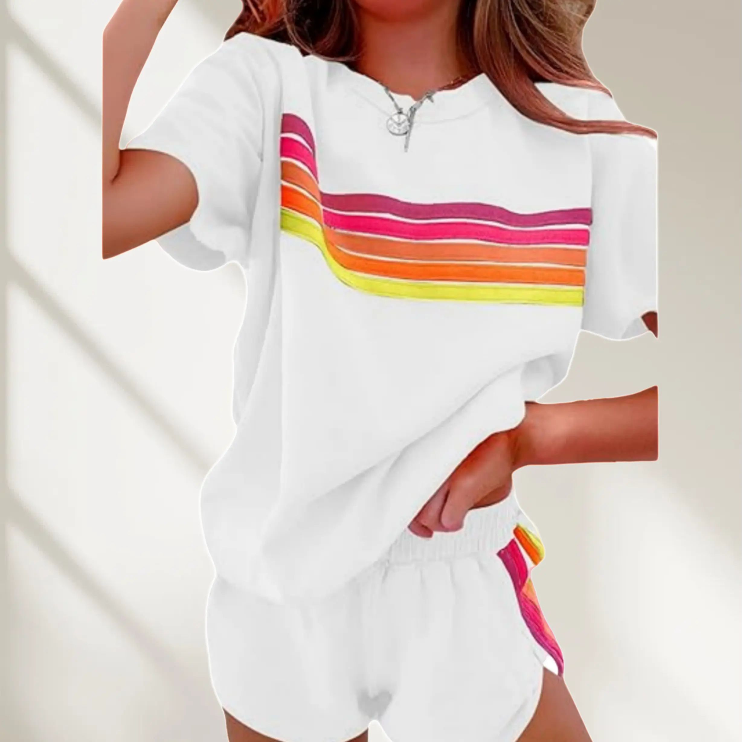 Women's Short 2-Piece Rainbow Strip Outdoor Sportswear Set - Loose Fit Crop Top & Bottoms