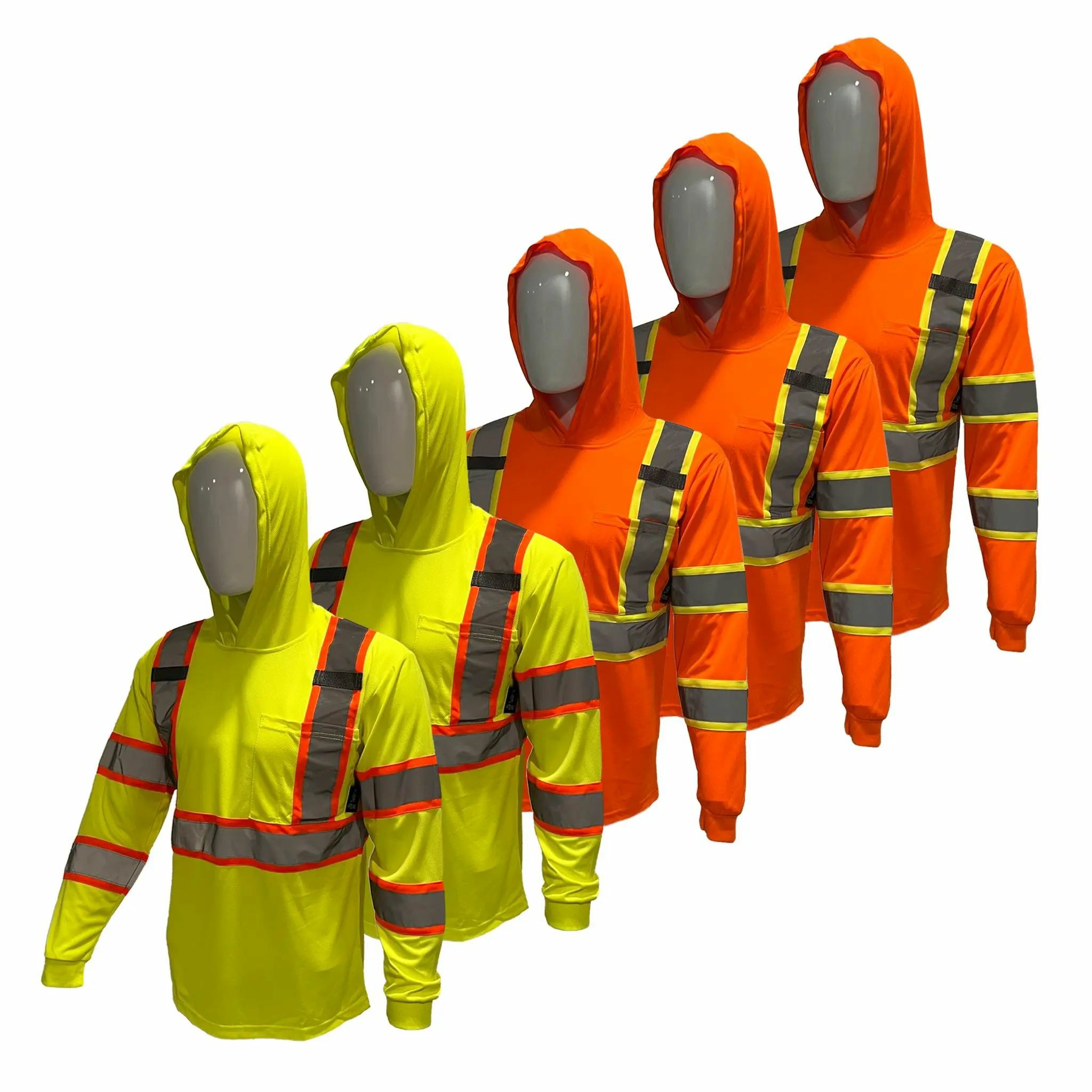 5 PACK SHIRT High Visibility Hoodie Long Sleeve Safety Shirt with hoodie Polyester Birdeye Mesh in various color