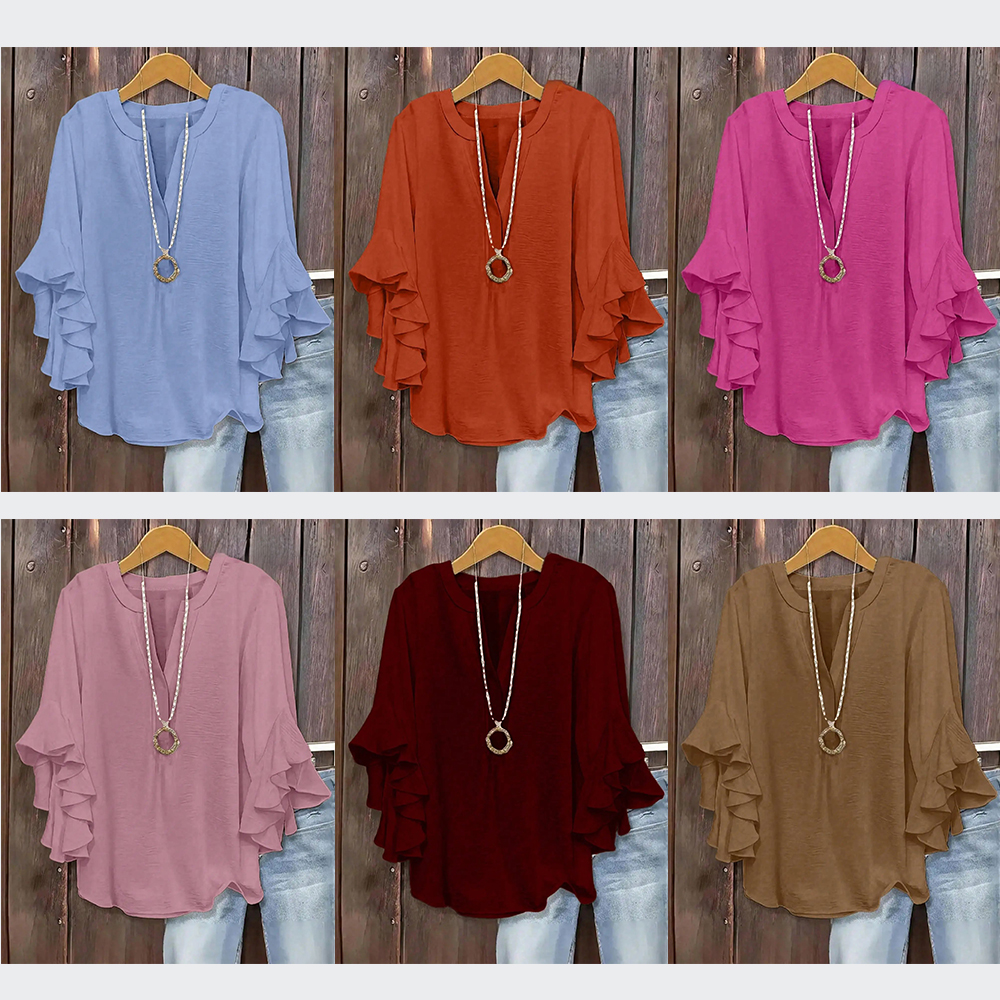 Plus Size Women's Ruffled Sleeve V-Neck Shirt Blouse, Elegant Floral Design, Comfortable and Stylish, Perfect for Casual Wear