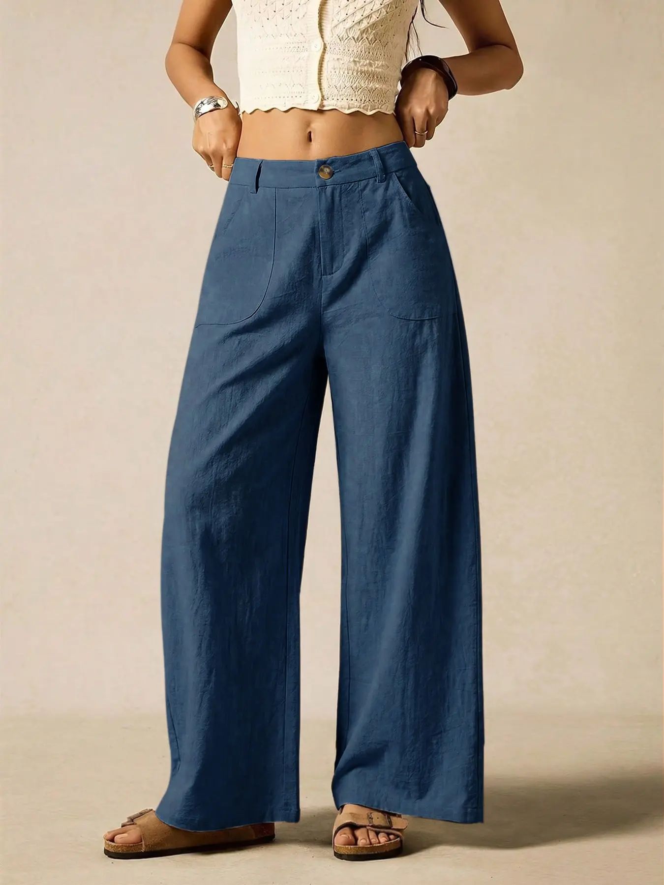 Women's Summer Linen Breathable Lightweight Palazzo Pants Flowy Wide Straight Leg Beach Trousers