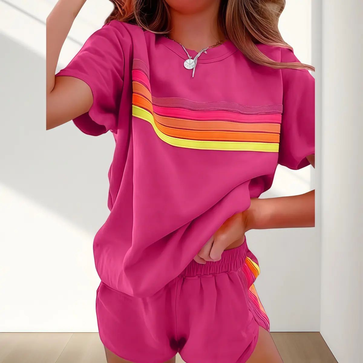 Women's Short 2-Piece Rainbow Strip Outdoor Sportswear Set - Loose Fit Crop Top & Bottoms