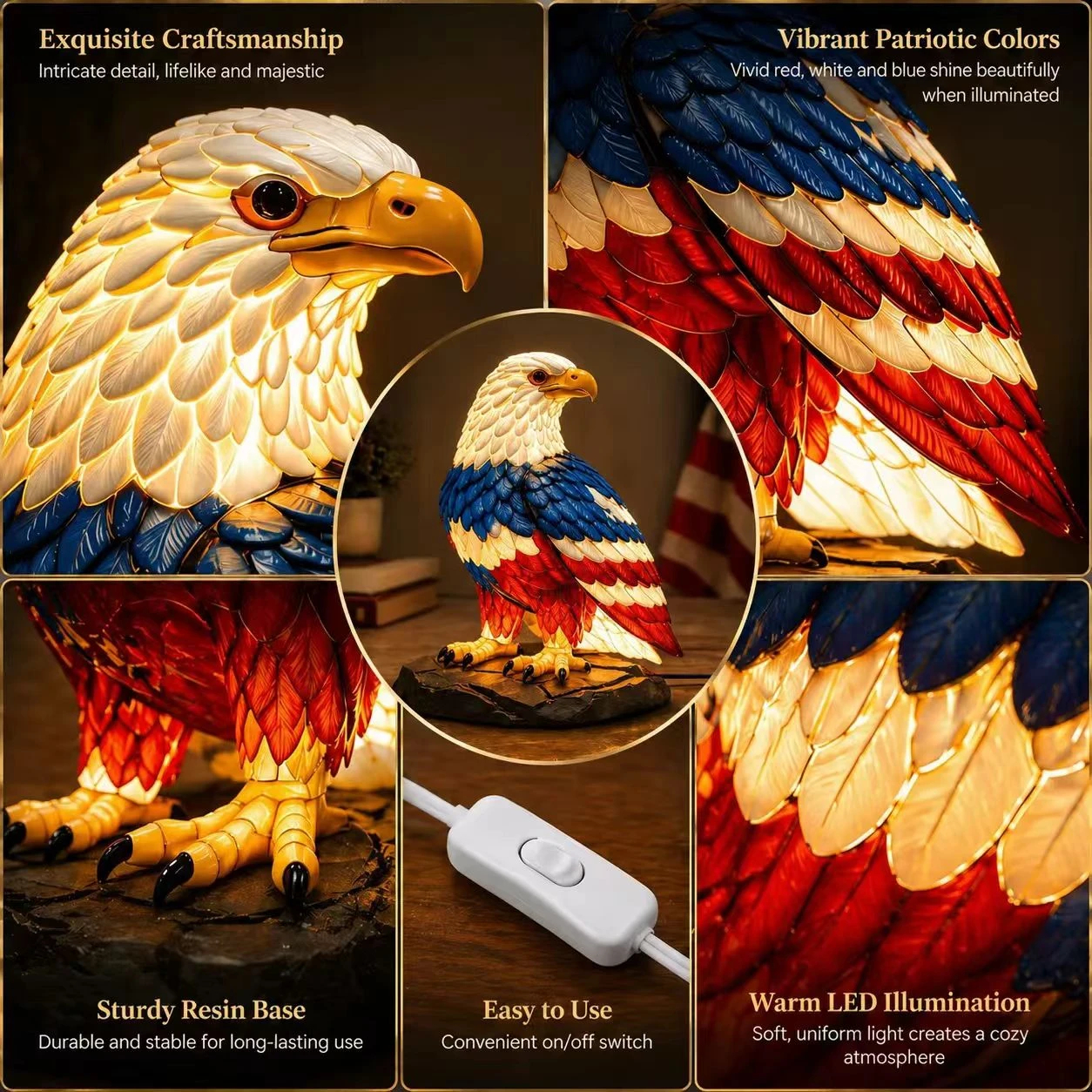 American Flag Color Eagle Table Lamp