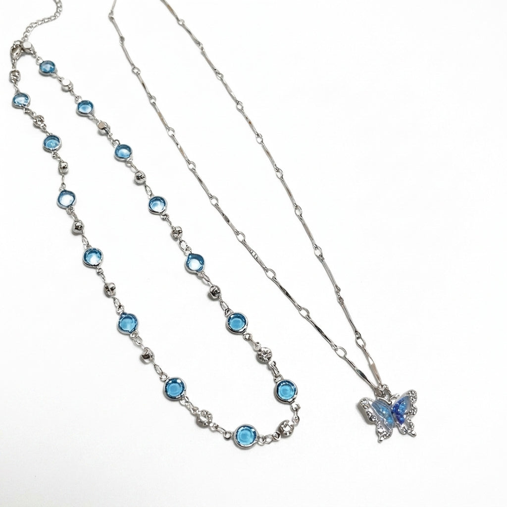 🦋✨ 2pc Elegant Butterfly Satellite Crystal Layered Necklace Set