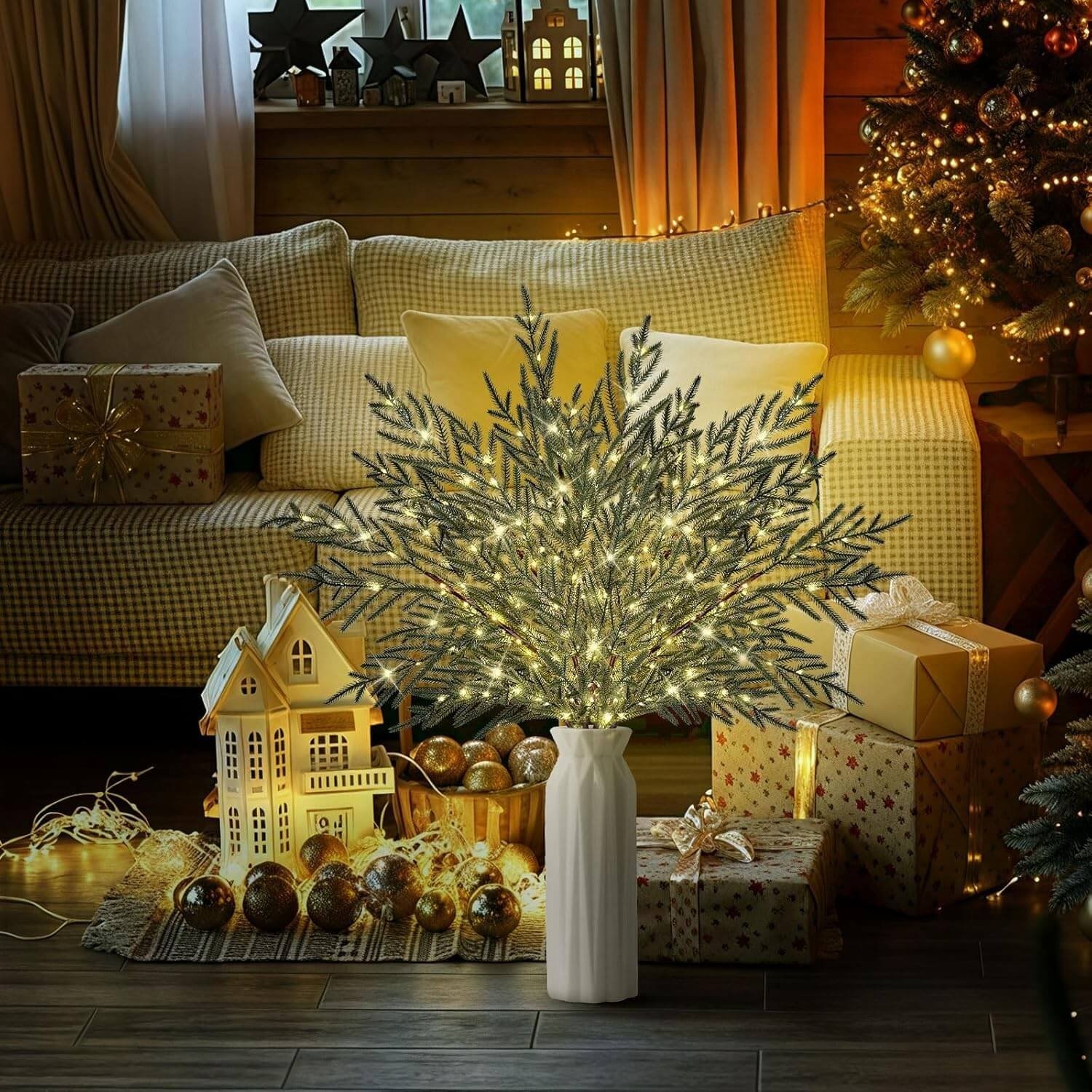 🔥Pre-Lit Lighted Norfolk Pine Branches🏆Artificial Christmas Greenery Stems for Mantel, Vase & Holiday DIY Decor