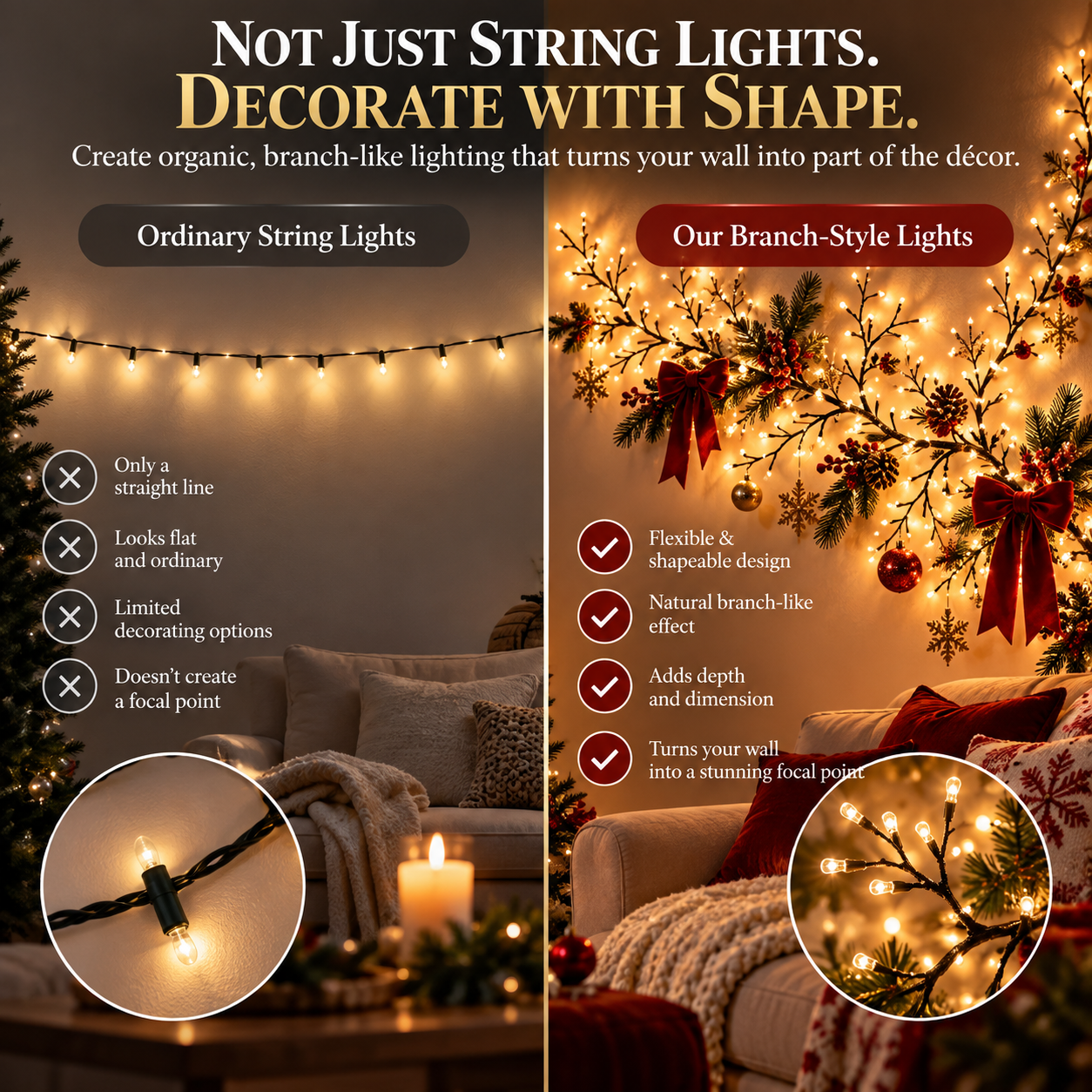 🎄✨ChristmasGlow™ Flexible Branch-Style Holiday Lights with Remote Control