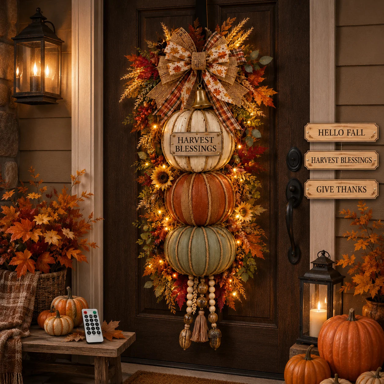 Lighted stacked pumpkin fall door decoration