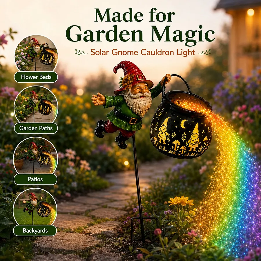Halloween gnome cauldron illuminating garden path with pumpkins