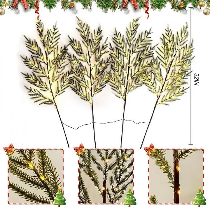🔥Pre-Lit Lighted Norfolk Pine Branches🏆Artificial Christmas Greenery Stems for Mantel, Vase & Holiday DIY Decor