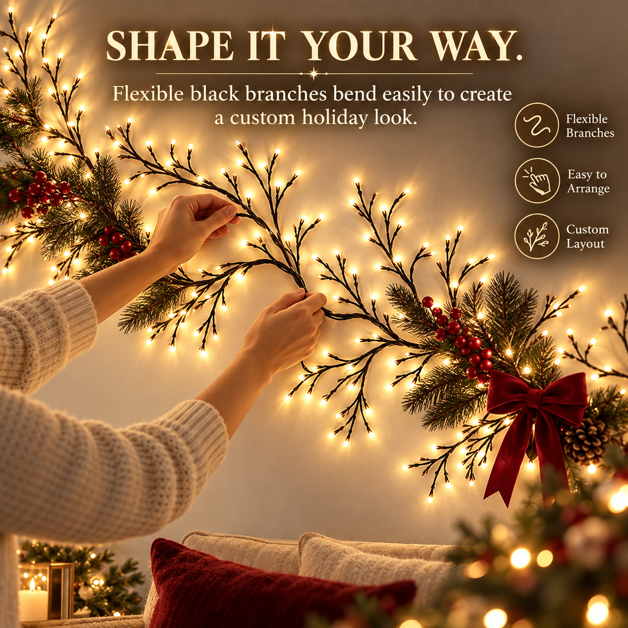 🎄✨ChristmasGlow™ Flexible Branch-Style Holiday Lights with Remote Control