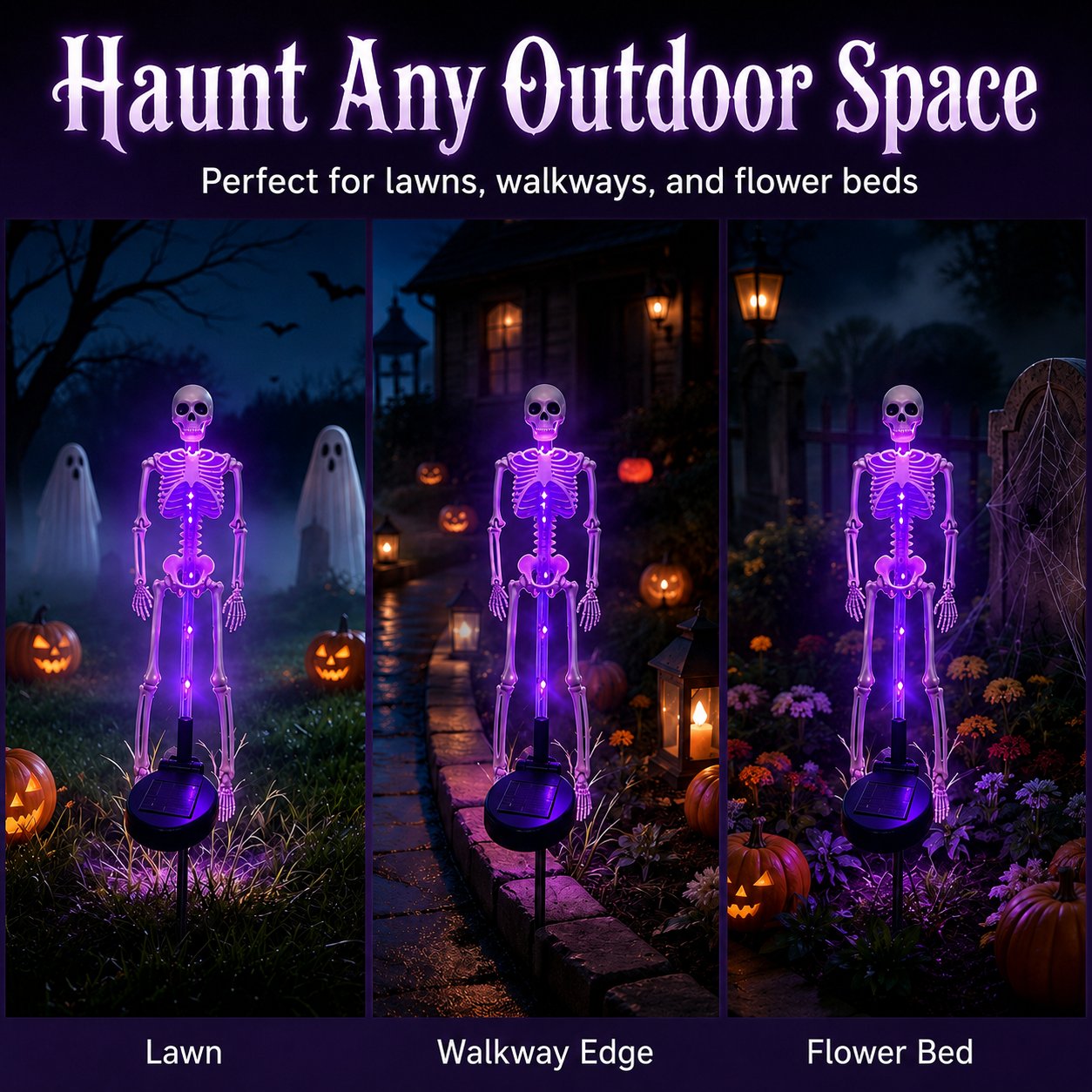 🎃 Buy 2 Get 1 FREE 👻 Solar LED Skeleton Yard Stakes 💀 Spooky Halloween Garden Decorations | Purple, Orange & Green