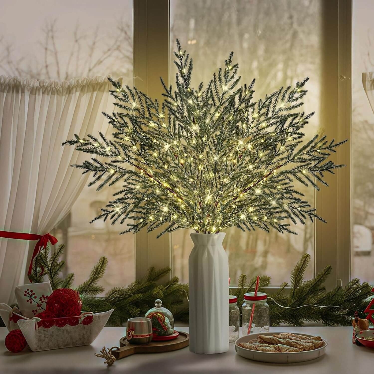 🔥Pre-Lit Lighted Norfolk Pine Branches🏆Artificial Christmas Greenery Stems for Mantel, Vase & Holiday DIY Decor