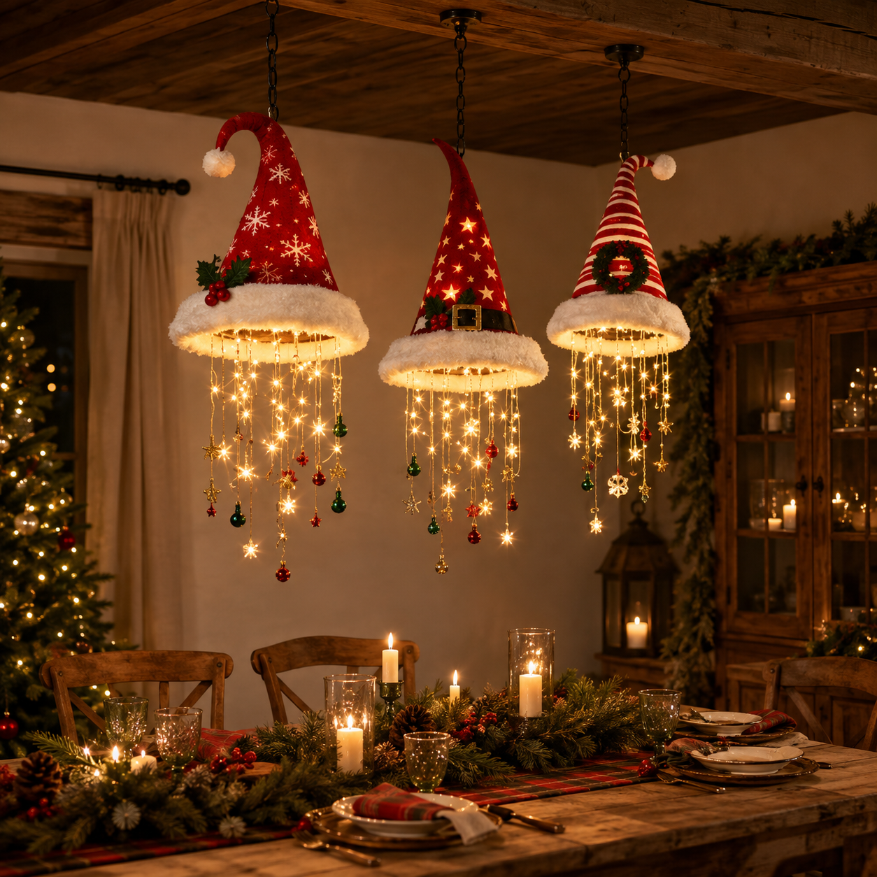 🔥Today 49% OFF🎅Lighted Santa Hat Hanging Chandelier 🎄 | 3 Styles Warm LED Christmas String Light | Indoor Outdoor Porch Holiday Decor Gift