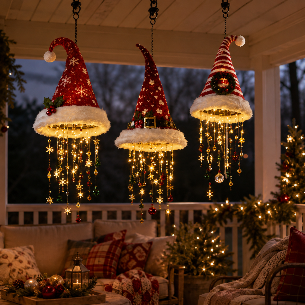 🔥Today 49% OFF🎅Lighted Santa Hat Hanging Chandelier 🎄 | 3 Styles Warm LED Christmas String Light | Indoor Outdoor Porch Holiday Decor Gift