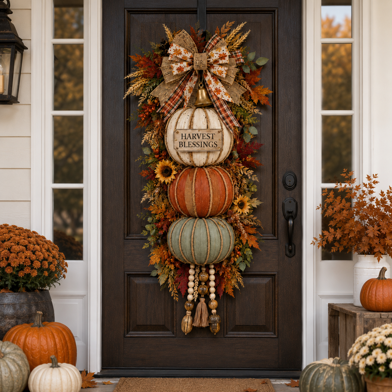 Stacked pumpkin harvest door hanging on front door