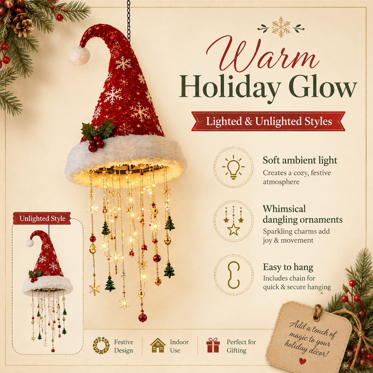 🔥Today 49% OFF🎅Lighted Santa Hat Hanging Chandelier 🎄 | 3 Styles Warm LED Christmas String Light | Indoor Outdoor Porch Holiday Decor Gift