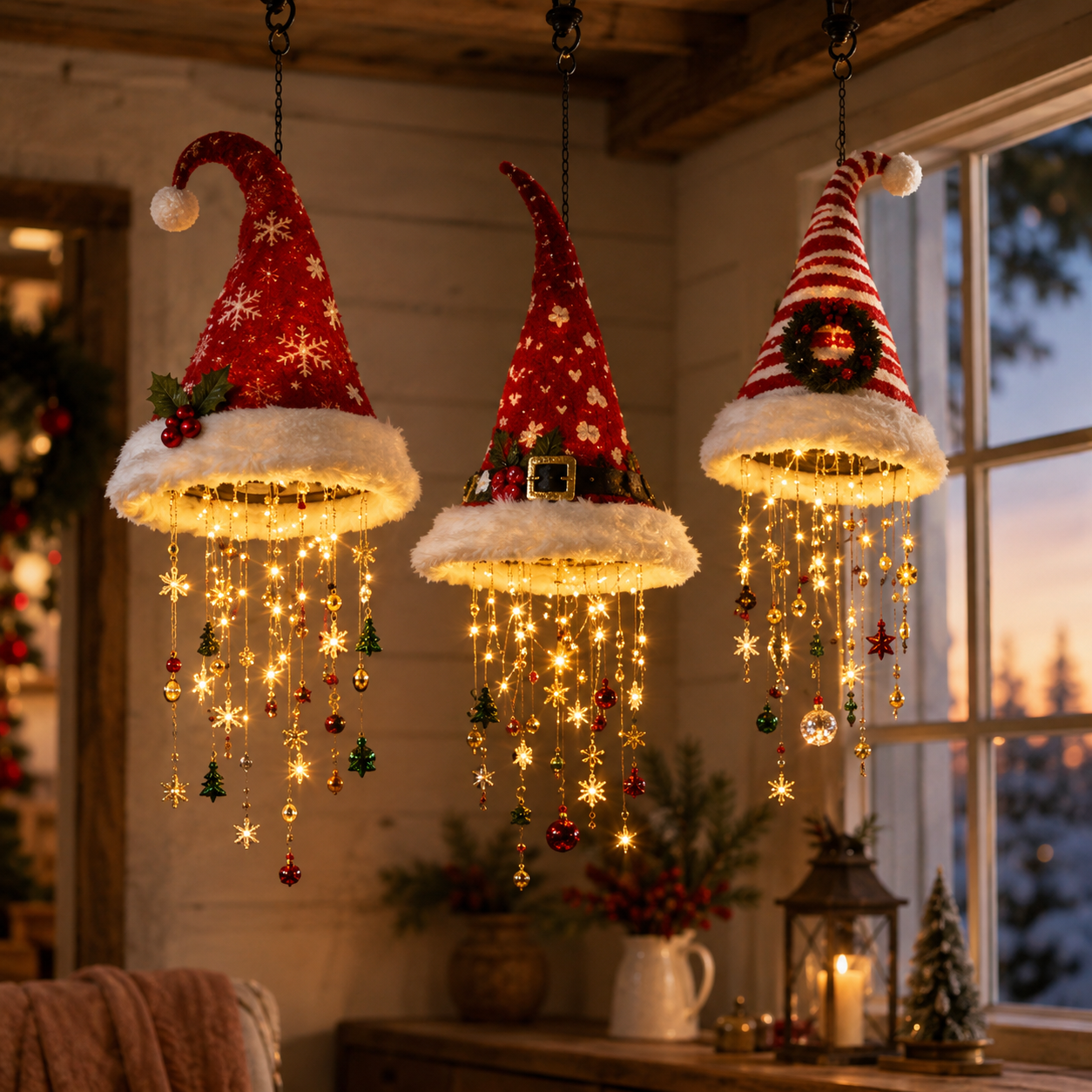 🔥Today 49% OFF🎅Lighted Santa Hat Hanging Chandelier 🎄 | 3 Styles Warm LED Christmas String Light | Indoor Outdoor Porch Holiday Decor Gift