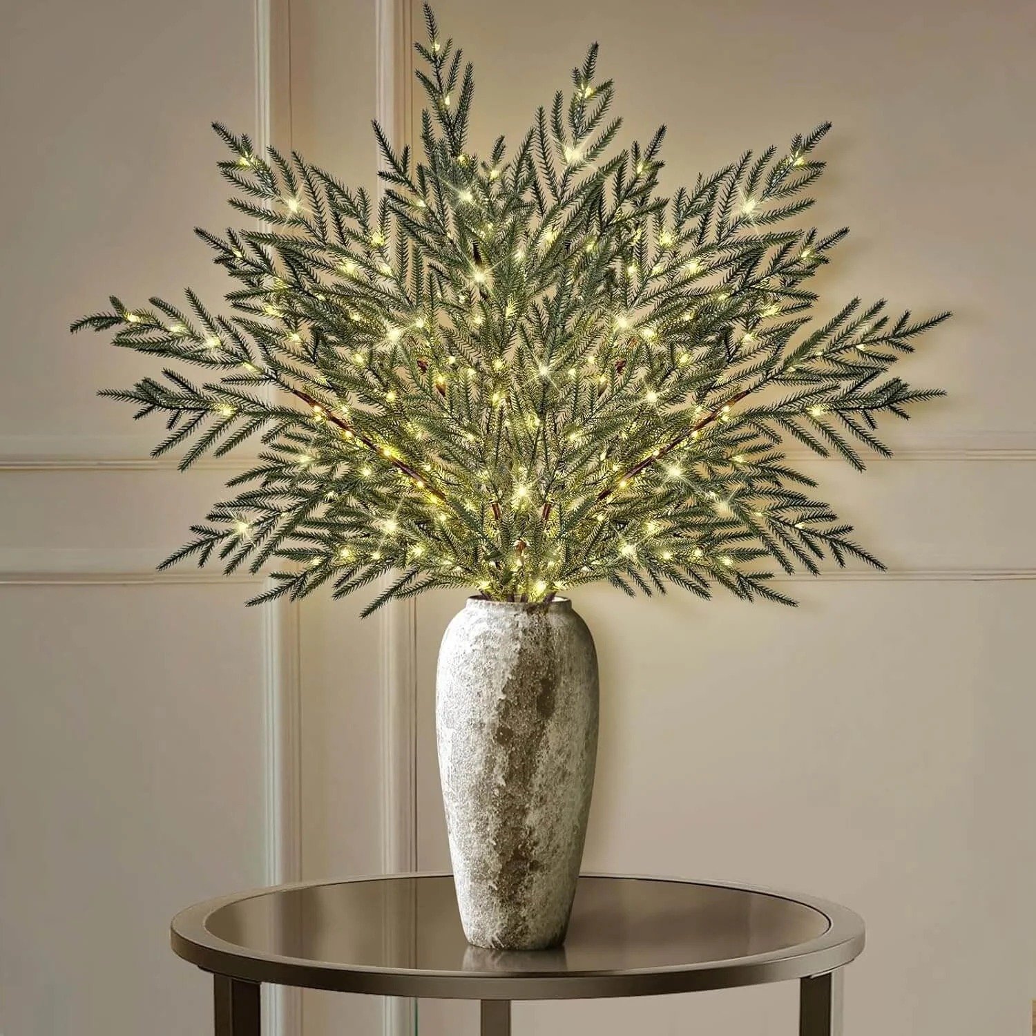 🔥Pre-Lit Lighted Norfolk Pine Branches🏆Artificial Christmas Greenery Stems for Mantel, Vase & Holiday DIY Decor