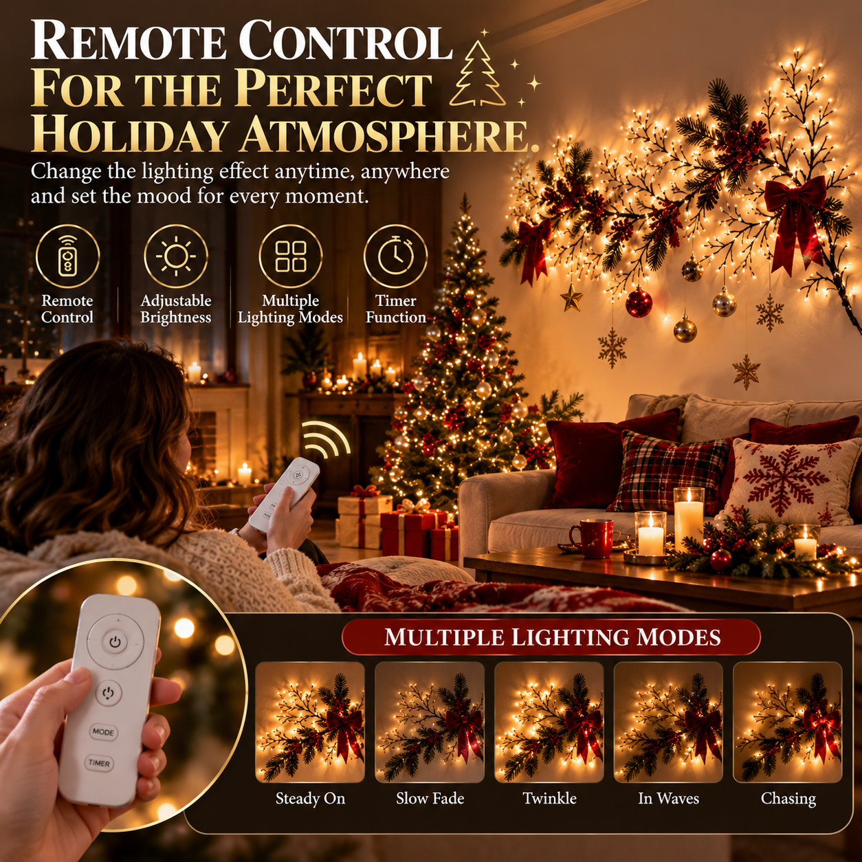🎄✨ChristmasGlow™ Flexible Branch-Style Holiday Lights with Remote Control