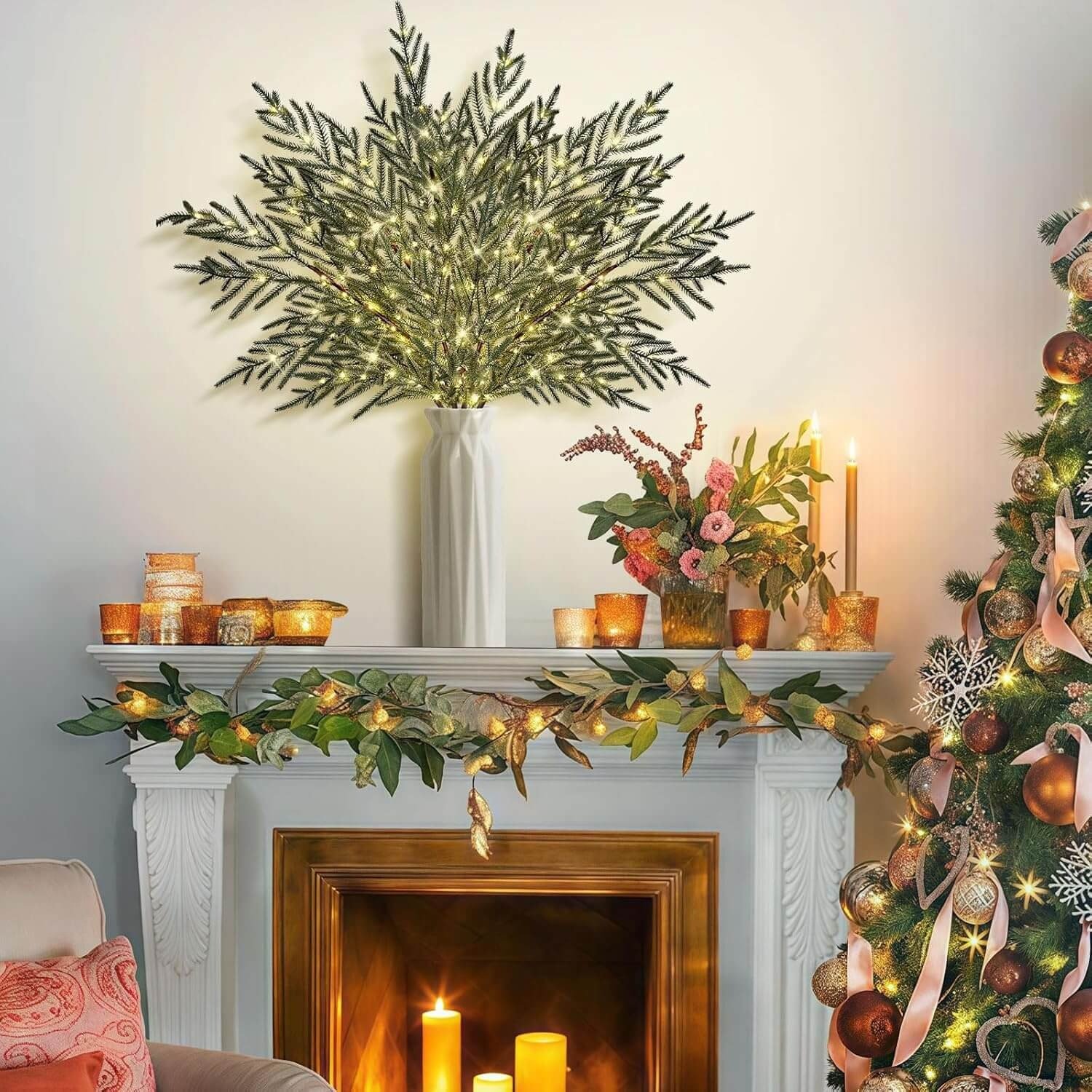 🔥Pre-Lit Lighted Norfolk Pine Branches🏆Artificial Christmas Greenery Stems for Mantel, Vase & Holiday DIY Decor