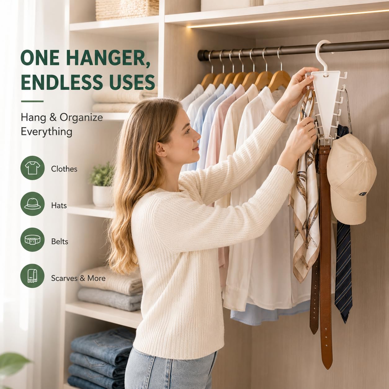 Closet organizer for clothes hats belts and scarves