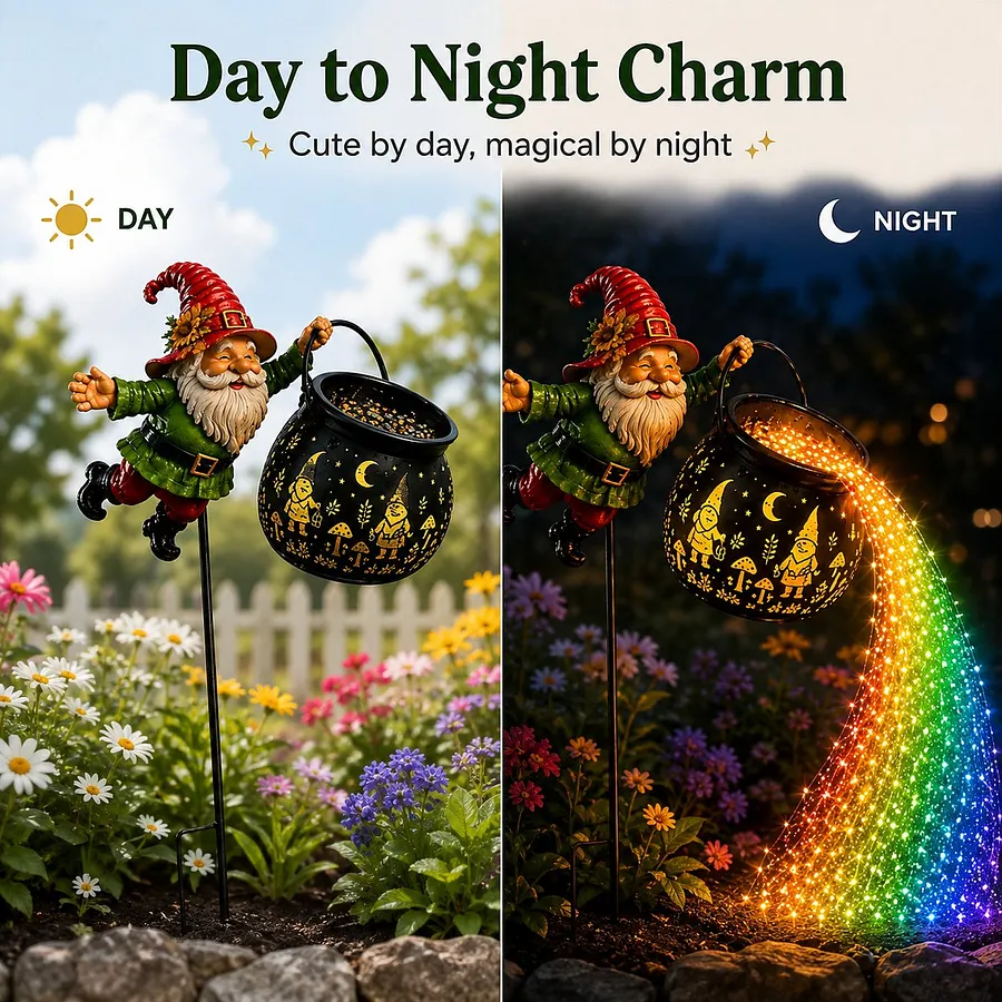 Halloween gnome holding potion cauldron with solar neon lights
