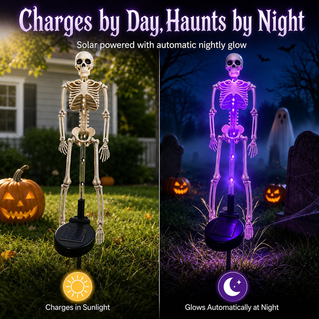 🎃 Buy 2 Get 1 FREE 👻 Solar LED Skeleton Yard Stakes 💀 Spooky Halloween Garden Decorations | Purple, Orange & Green