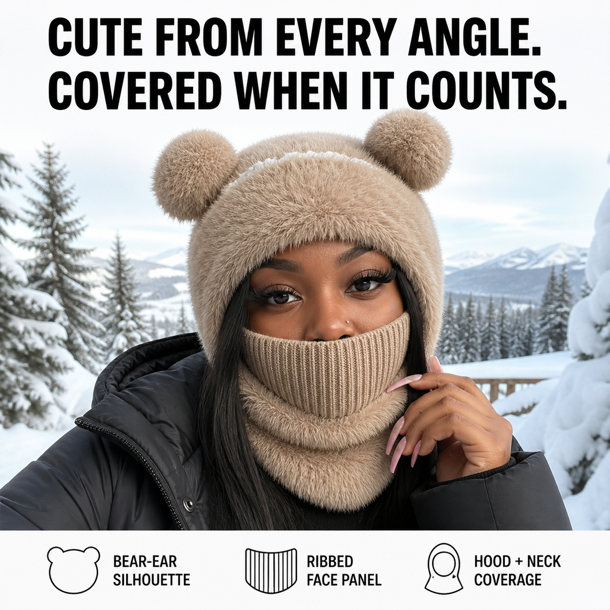 🎄🧸Teddy Bear Balaclava – Trendy Bear Ear Winter Hood for Outings & Photos