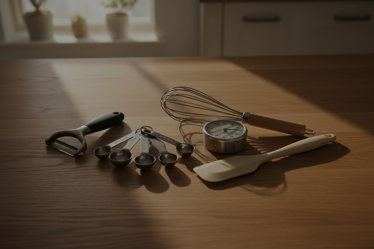 Kitchen utensils including a whisk, measuring cups, and a spatula on a wooden surface.