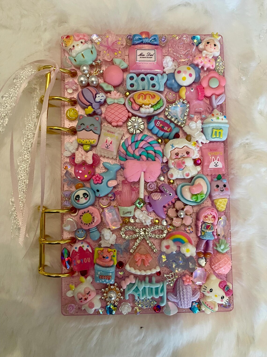 Kawaii Charmed & Jeweled Pink Gold Spiral Acrylic Notebook