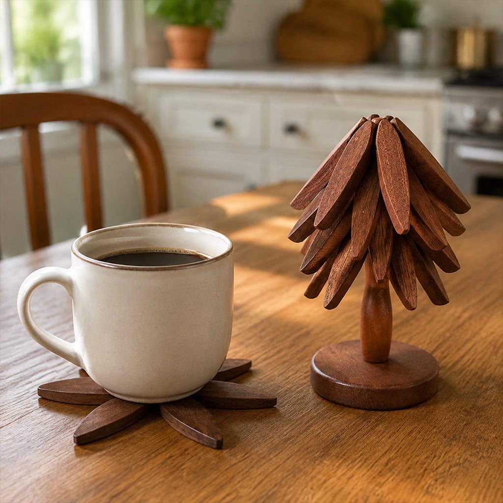 Wooden Christmas tree coaster protecting a table beneath a coffee mug