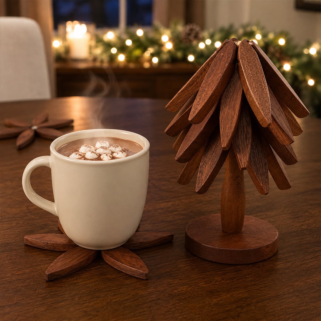 Christmas tree coaster set beside a mug of hot cocoa