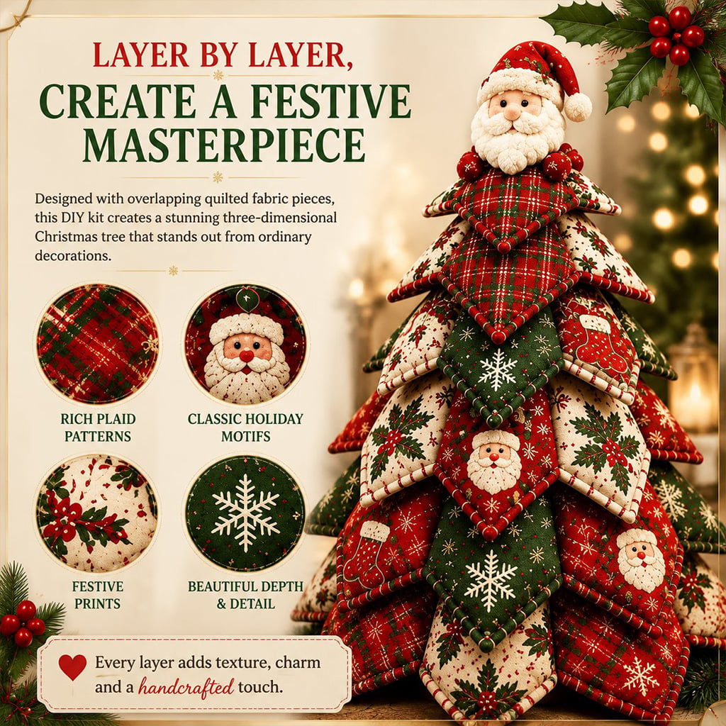 Quilted Christmas tree fabric layers and festive patterns