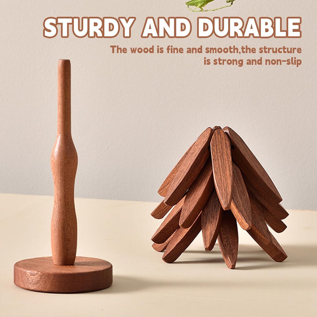 Solid wooden stand and stacked Christmas tree coasters