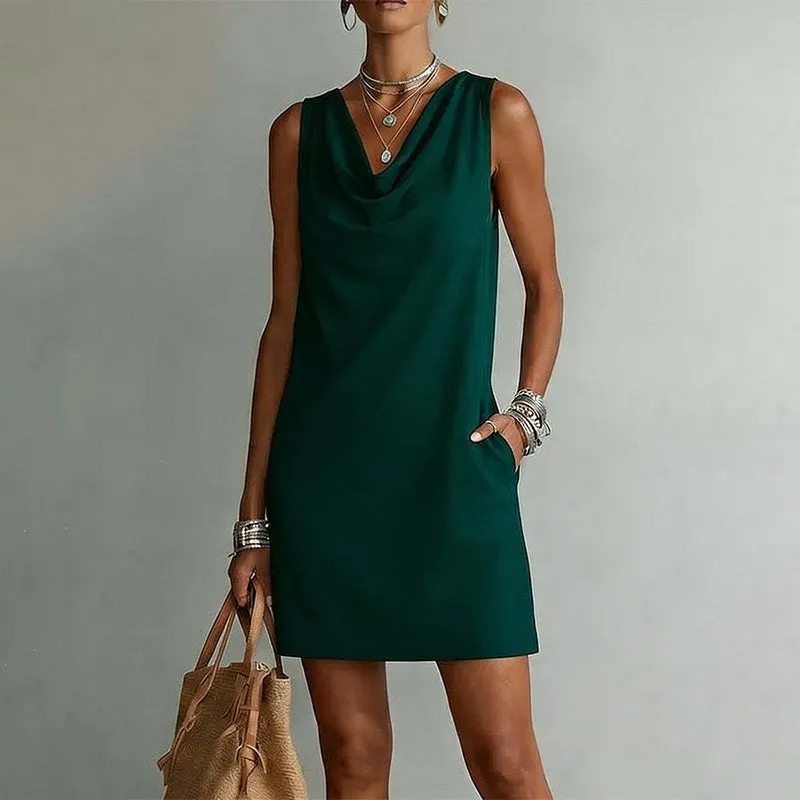 📢📢50% taniej!! ⏰ Elegancka, dopasowana sukienka z dekoltem typu woda – bez rękawów, z kieszeniami po bokach, uniwersalna ✨