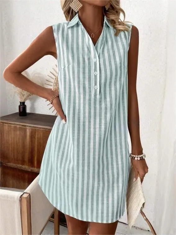 📢📢50% taniej!! ⏰Damska sukienka koszulowa w paski, bez rękawów, z dekoltem w serek