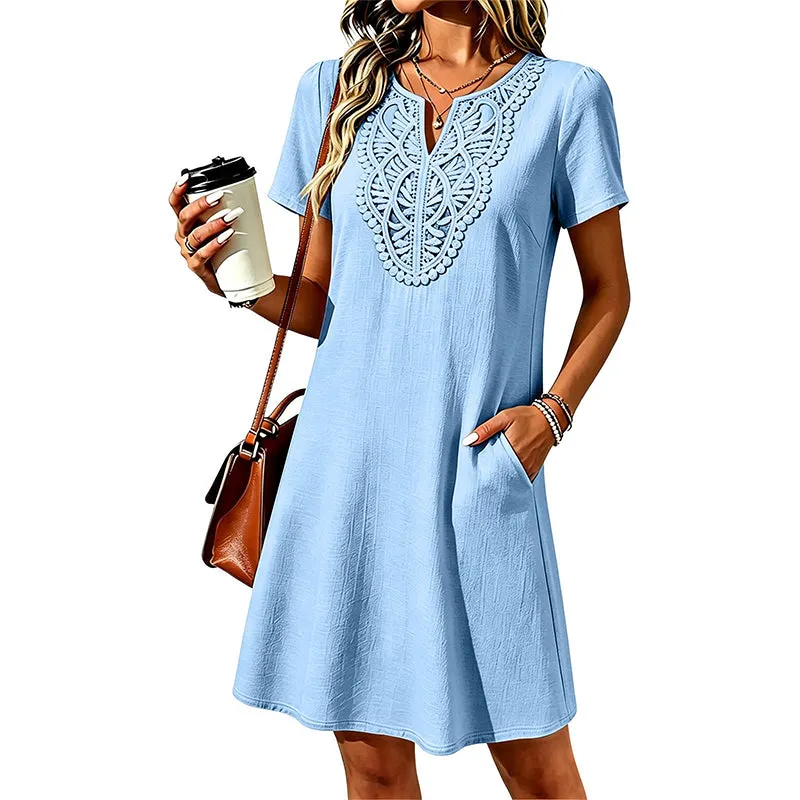 🌼 Sukienka t-shirtowa damska boho z koronką, dekolt w szpic