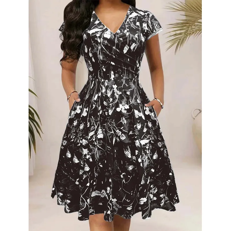 👗Teraz 50% taniej! 🌺Elegancka damska sukienka we wzory z kieszeniami