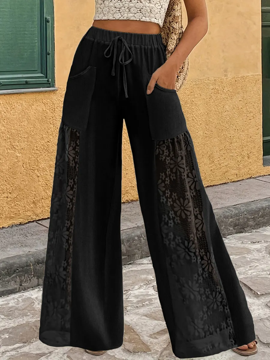 👖 Damskie luźne spodnie koronkowe ze sznurkiem w pasie