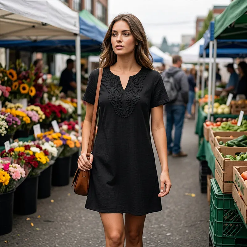 🌼 Sukienka t-shirtowa damska boho z koronką, dekolt w szpic