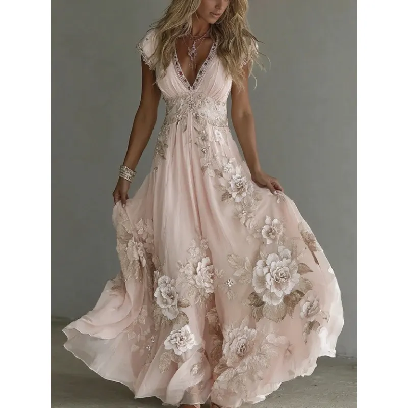 ✨Sukienka szyfowa z koronką i haftem👗 Głęboki dekolt V