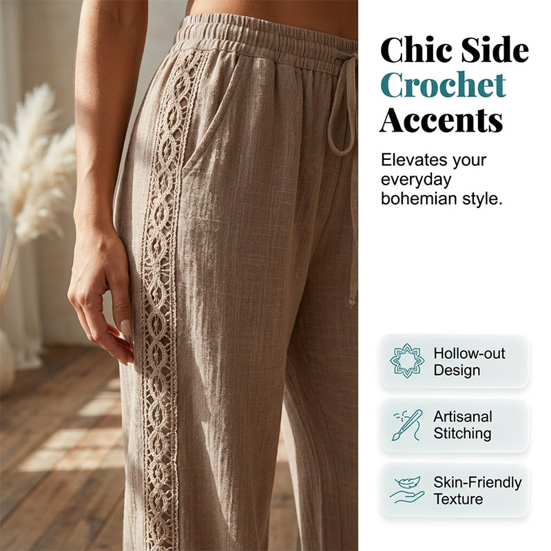 👖🌸 Lekkie spodnie w stylu boho z koronką i elastycznym pasem