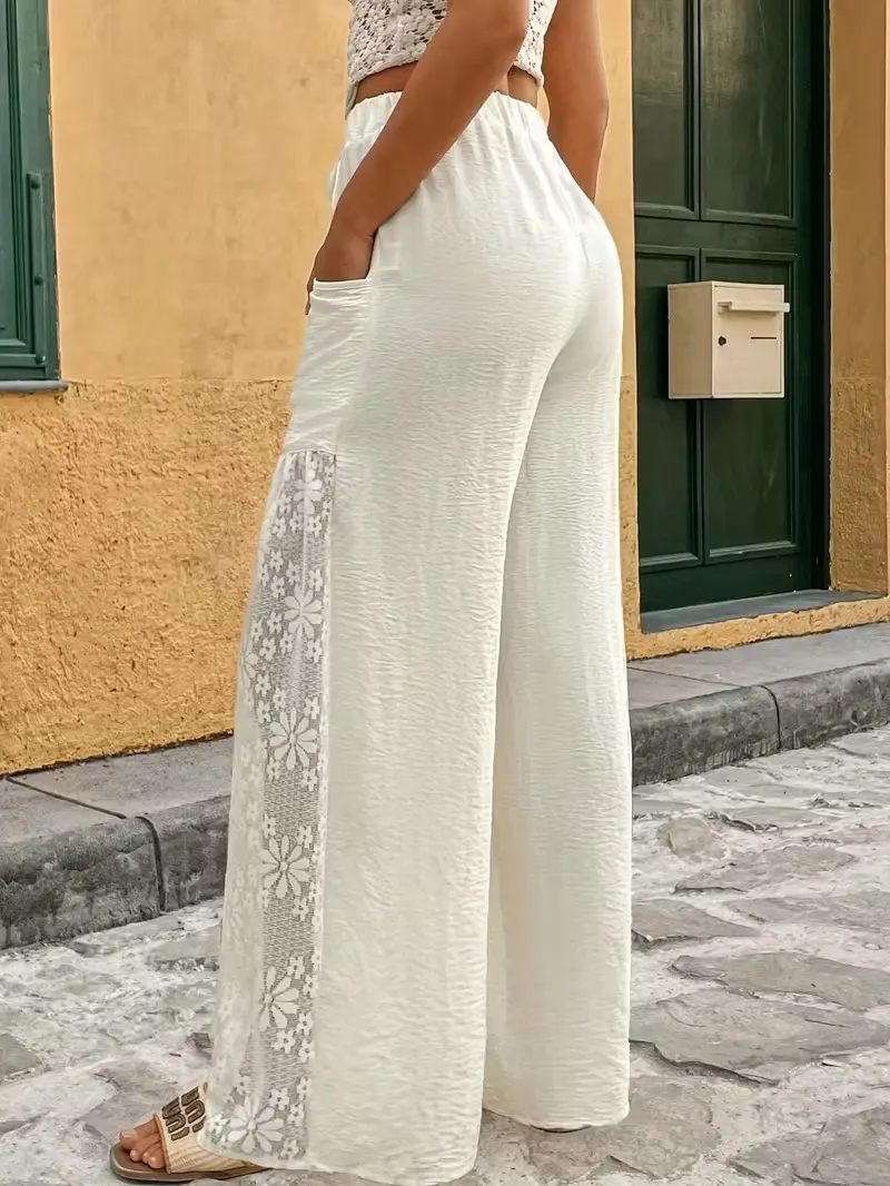 👖 Damskie luźne spodnie koronkowe ze sznurkiem w pasie
