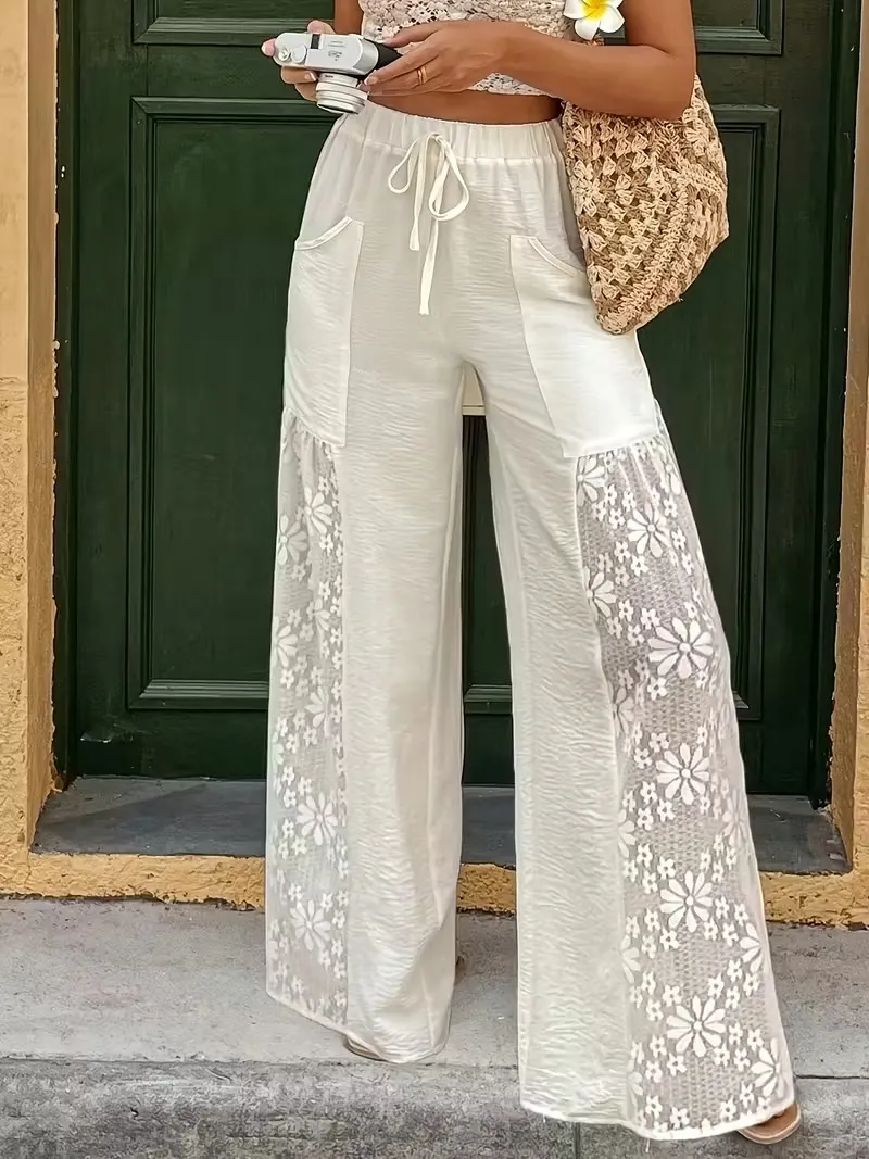 👖 Damskie luźne spodnie koronkowe ze sznurkiem w pasie