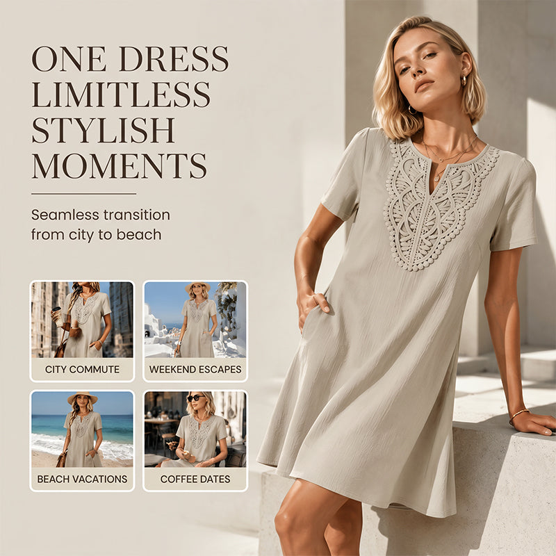 🌼 Sukienka t-shirtowa damska boho z koronką, dekolt w szpic