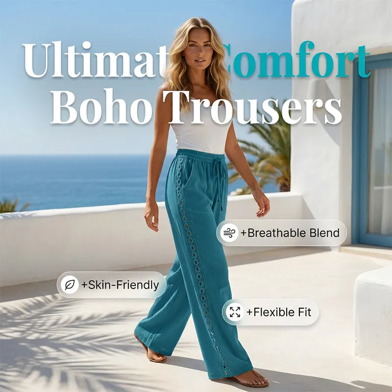 👖🌸 Lekkie spodnie w stylu boho z koronką i elastycznym pasem