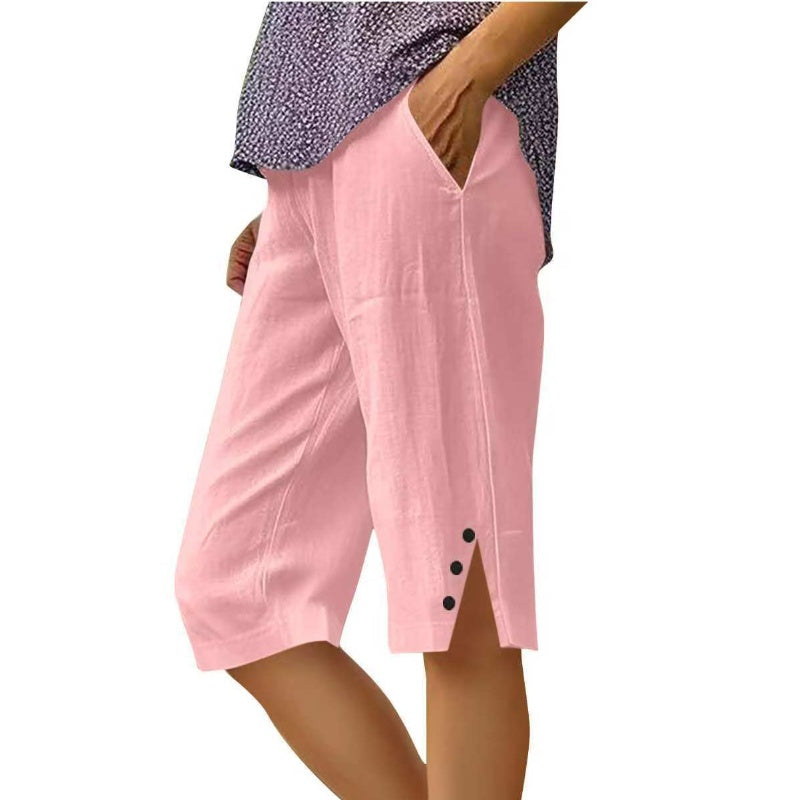 👖Damskie spodnie capri w jednolitym kolorze, z kieszeniami