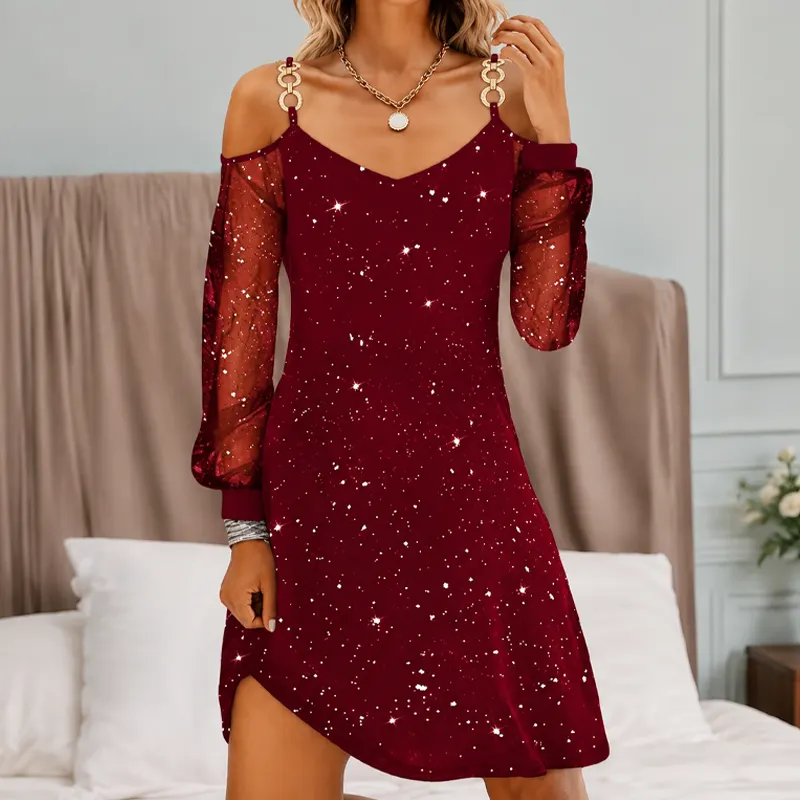 Elegancka sukienka z odkrytymi ramionami dla kobiet z rękawami z siateczki