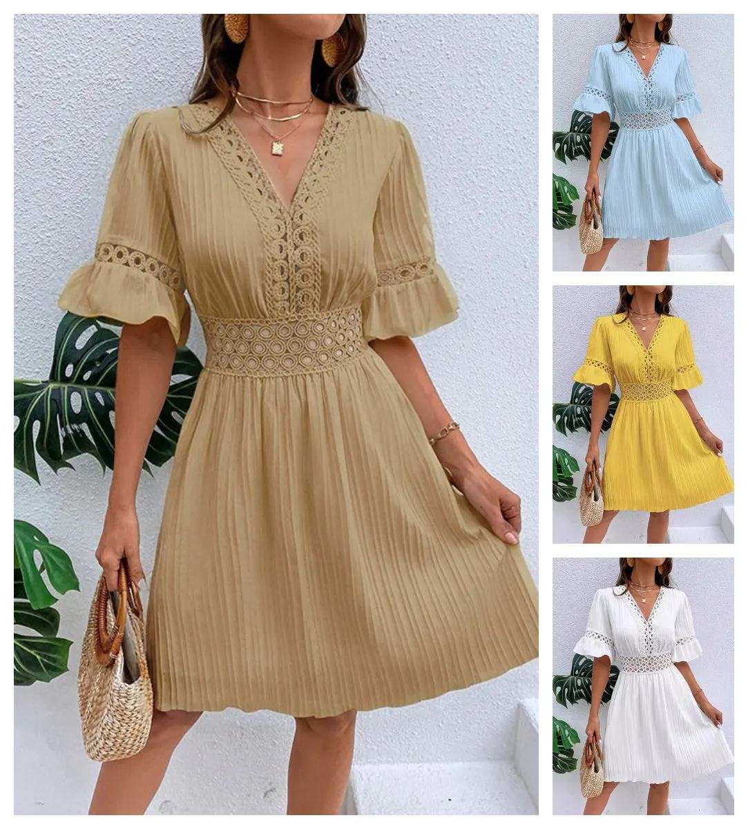 👗Elegancka sukienka z dekoltem w serek i koronkowymi wycięciami