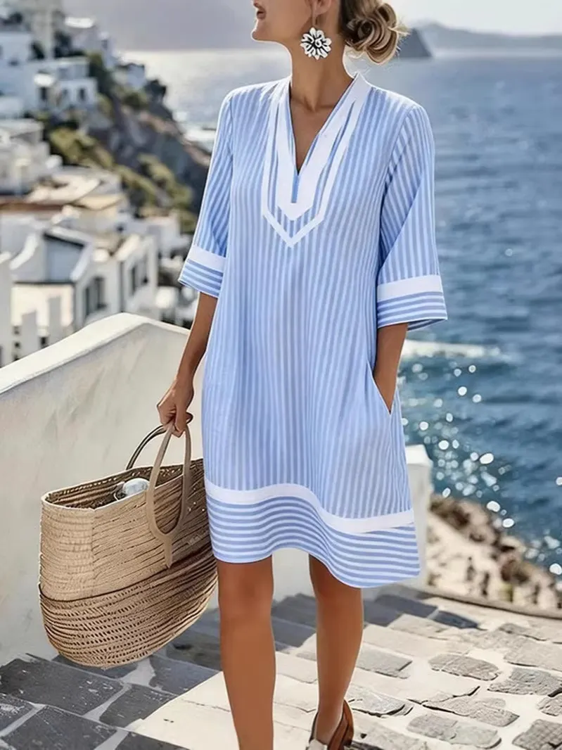 👗Damska sukienka w paski z krótkim rękawem i dekoltem w serek
