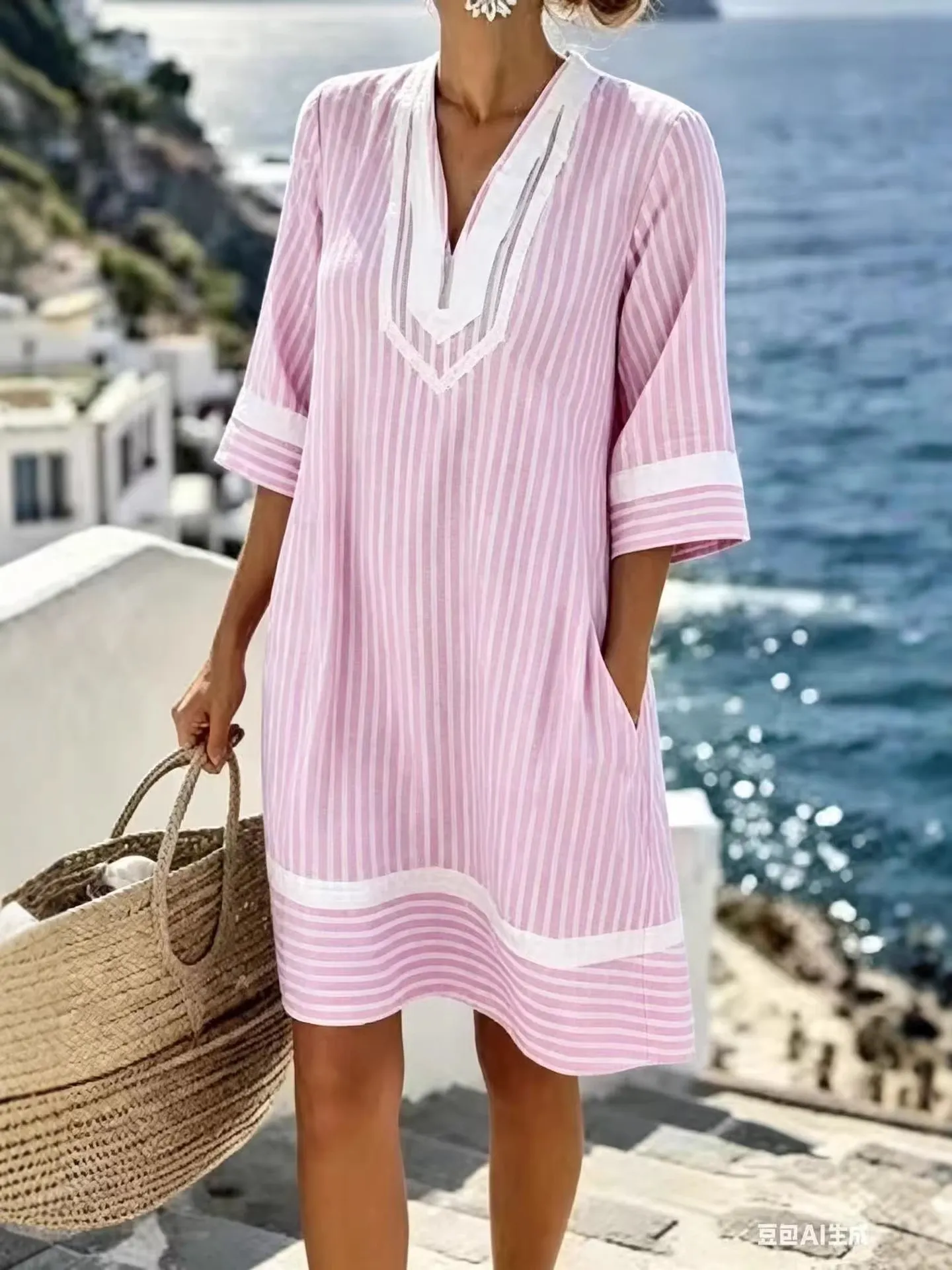 👗Damska sukienka w paski z krótkim rękawem i dekoltem w serek